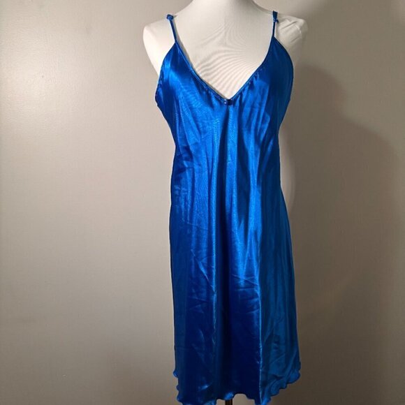 Vintage Lingerie Women's Blue Satin Chemise Medium Nightgown Y2K - Picture 3 of 6